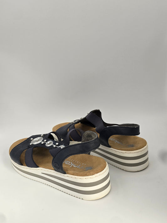 RIEKER Damen Sandalen Blau – Komfort Sandalen mit Strass Details (Gr.40)