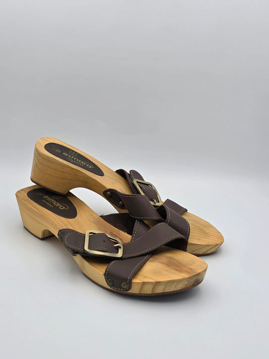 Damen Holzsandalen mit braunen Lederriemen, Schnallen und Blockabsatz, Größe 38