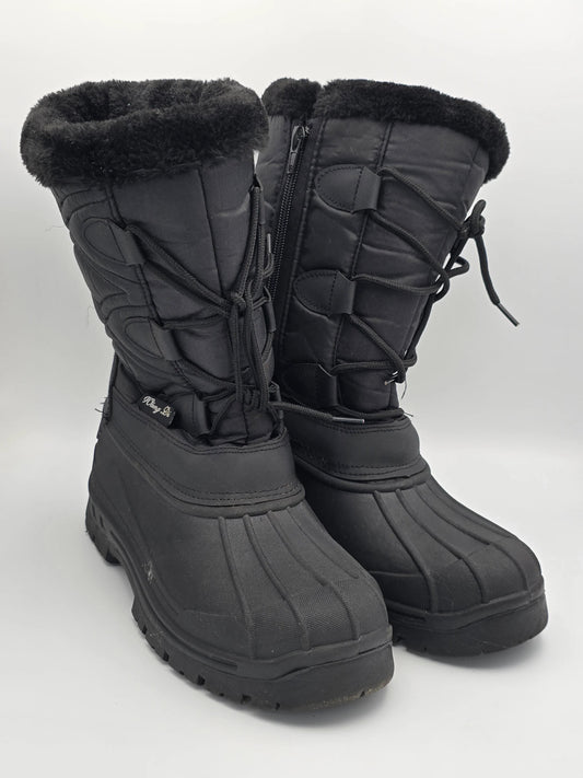 Schwarze Winterstiefel mit Kunstfell, dicker Sohle und seitlichem Reißverschluss für Damen.
