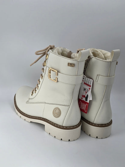 RIEKER Damen Schnürstiefeletten Offwhite – Boots mit Reißverschluss & Profilsohle (Gr.40)