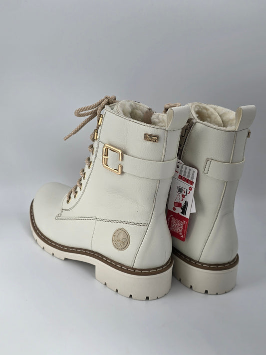 RIEKER Damen Schnürstiefeletten Offwhite – Boots mit Reißverschluss & Profilsohle (Gr.40)