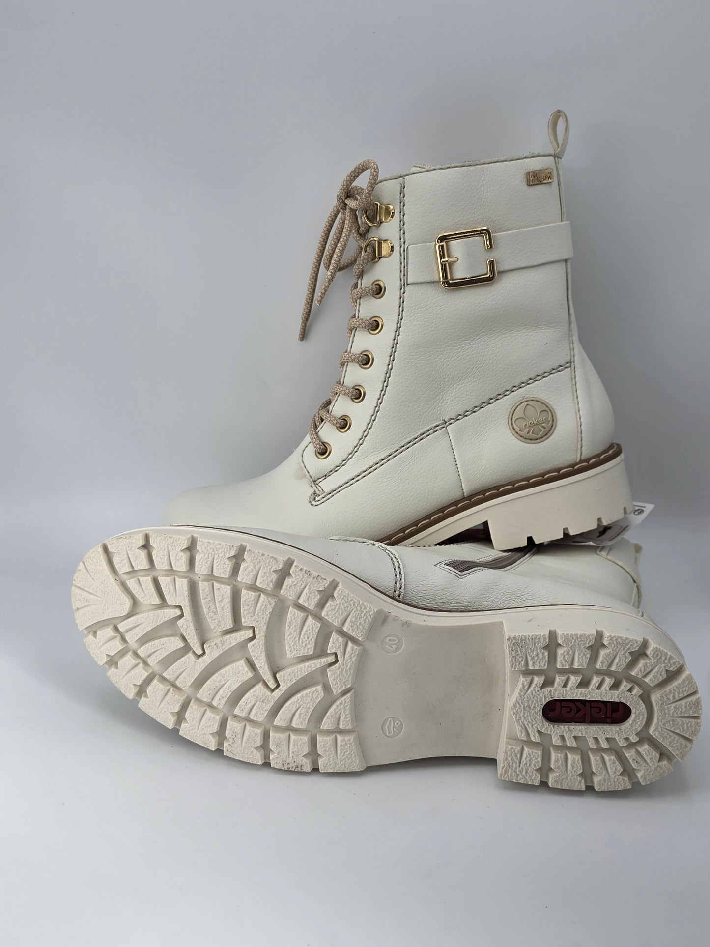 RIEKER Damen Schnürstiefeletten Offwhite – Boots mit Reißverschluss & Profilsohle (Gr.40)
