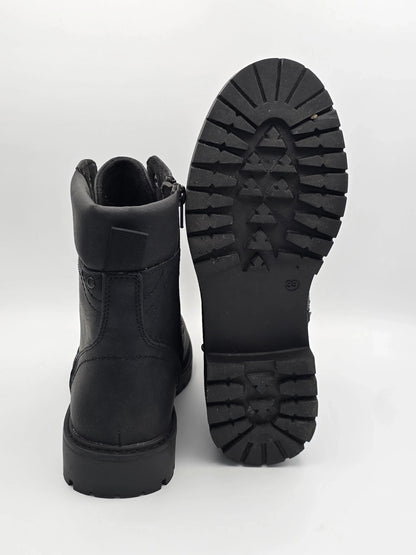Schwarze Lederstiefel mit Profilsohle, nachhaltige Mode, Damen Winterschuhe