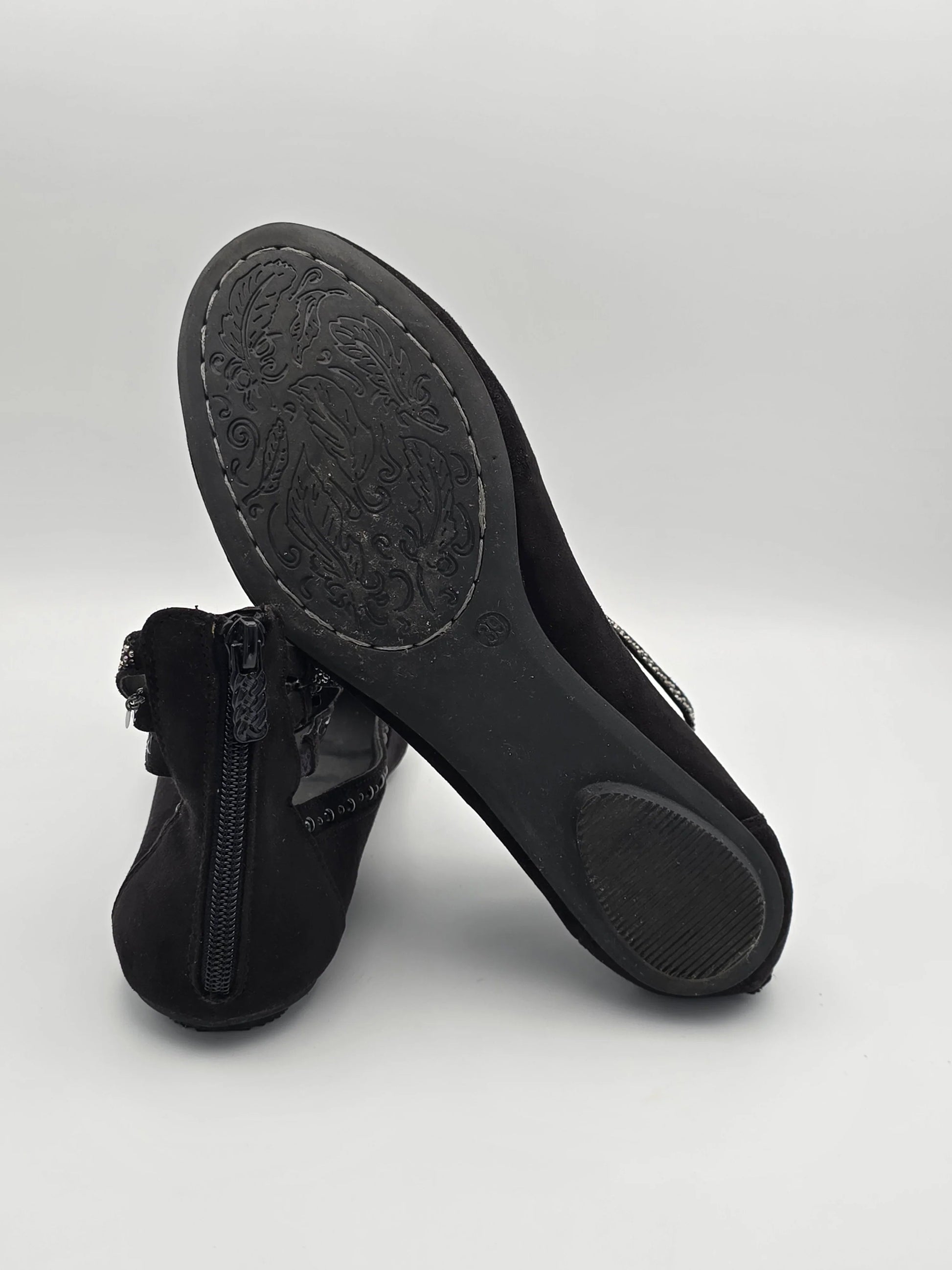 Schwarze Damenschuhe mit Reißverschluss und gemusterter Sohle auf weißem Hintergrund