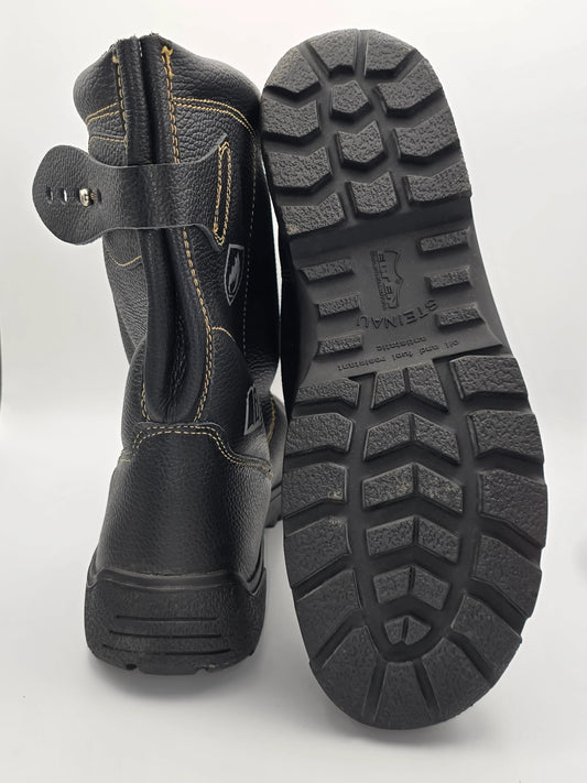 Schwarzer Sicherheitsschuh mit robuster Profilsohle, gelber Ziernaht, Leder, Mode Schuhe