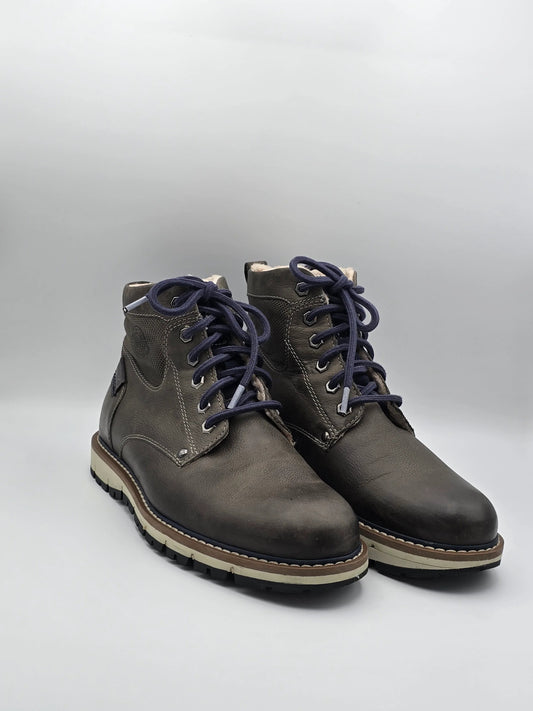 Dunkelgraue Lederstiefel mit blauen Schnürsenkeln, Herren Winterschuhe, robustes Profil