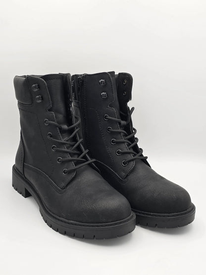 Schwarze Boots Damen, schwarze Schnürstiefeletten robust, Mode Schuhe, Profilsohle