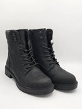 Schwarze Boots Damen, schwarze Schnürstiefeletten robust, Mode Schuhe, Profilsohle