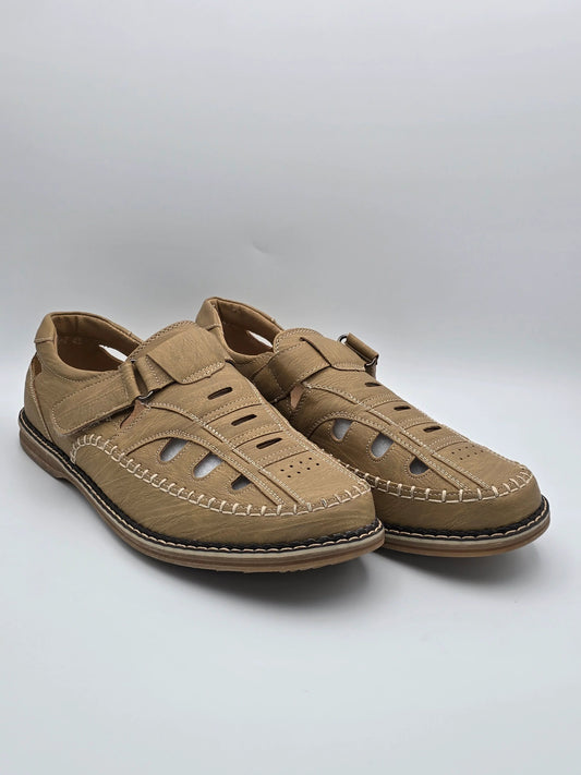 Beige Herrenschuhe Leder Slipper mit Cut-Outs und Klettverschluss, modisch und bequem