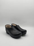 Schwarze Clogs aus Leder mit Holzsohle, nachhaltige Mode, schlichtes Design, Größe 30