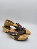 Damen Holzsandalen mit braunen Lederriemen, Schnallen und Blockabsatz, Größe 38