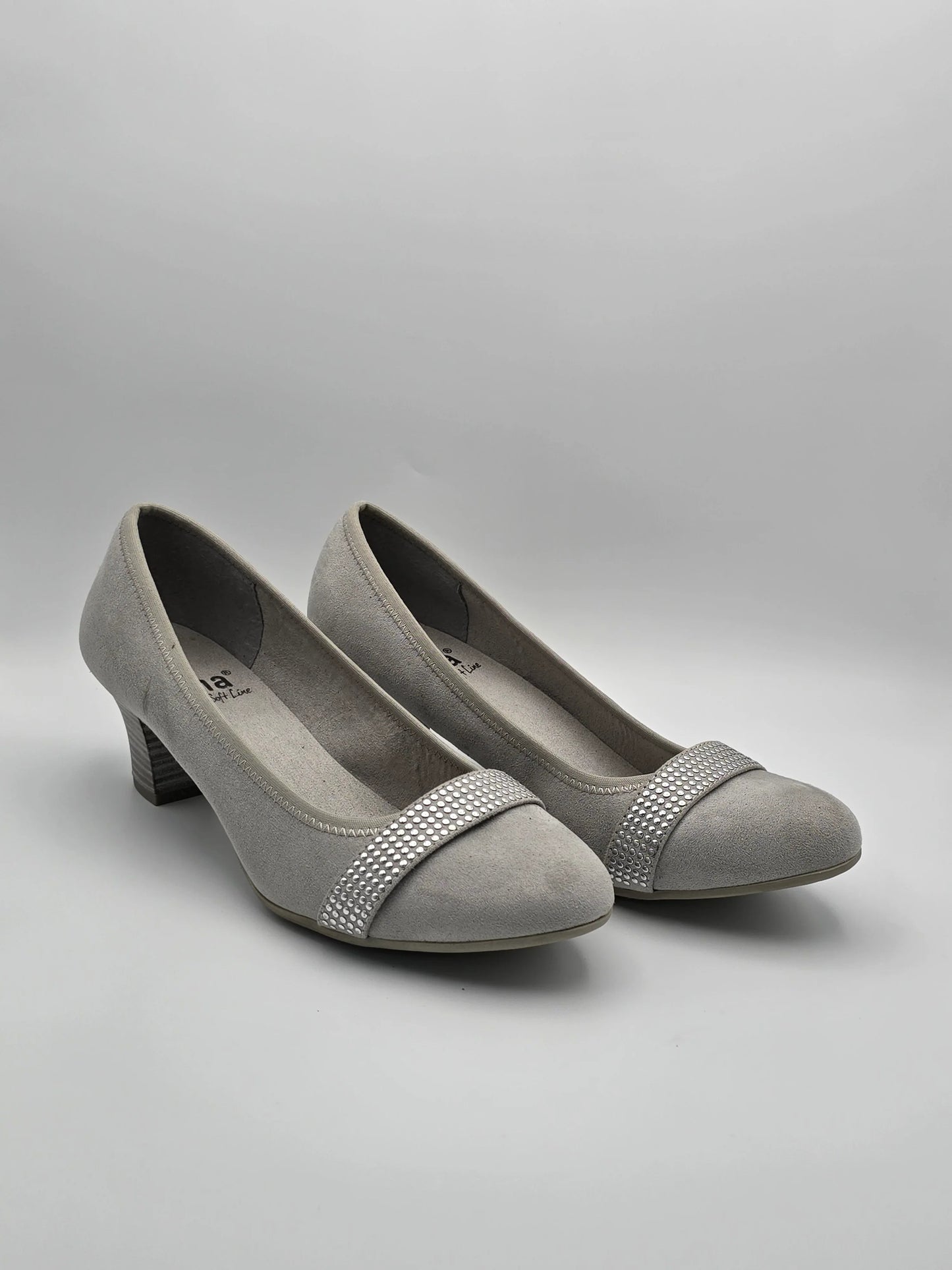 Damen Pumps grau mit Glitzerbesatz, mittlerer Blockabsatz, elegante nachhaltige Schuhe