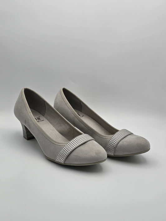 Damen Pumps grau mit Glitzerbesatz, mittlerer Blockabsatz, elegante nachhaltige Schuhe