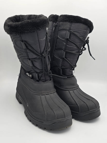 Schwarze Winterstiefel mit Kunstfell, dicker Sohle und seitlichem Reißverschluss für Damen.