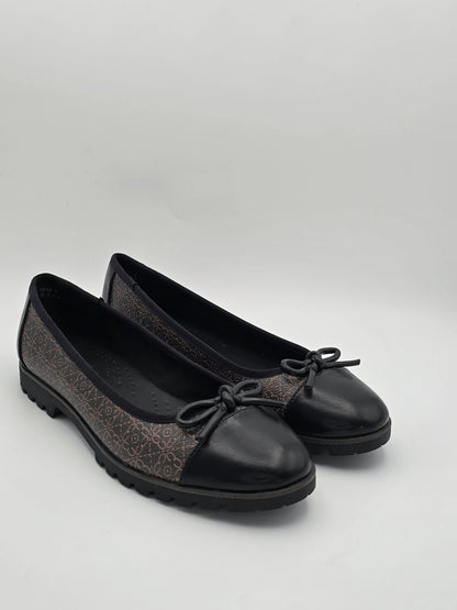 Damen Ballerinas Schwarz mit Muster und Schleife, bequeme nachhaltige Schuhe