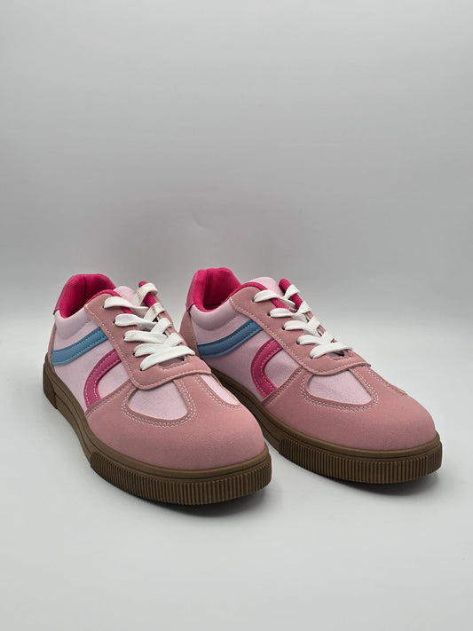 Modische Damen Sneaker in Rosa mit weißen Schnürsenkeln, pink-blauen Akzenten, Gummisohle