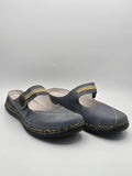 Damen Mary Jane Schuhe in Grau mit gelbem Zierstreifen und runder Applikation, nachhaltige Mode