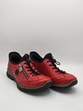 Rote Damen Sneaker mit schwarzen Sohlen und Schnürung, seitlicher Reißverschluss, modernes Design