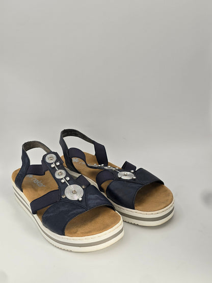 RIEKER Damen Sandalen Blau – Komfort Sandalen mit Strass Details (Gr.40)