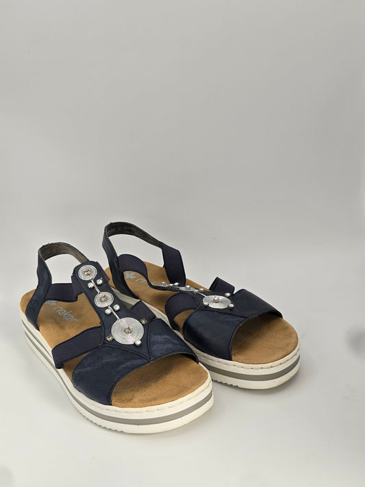RIEKER Damen Sandalen Blau – Komfort Sandalen mit Strass Details (Gr.40)