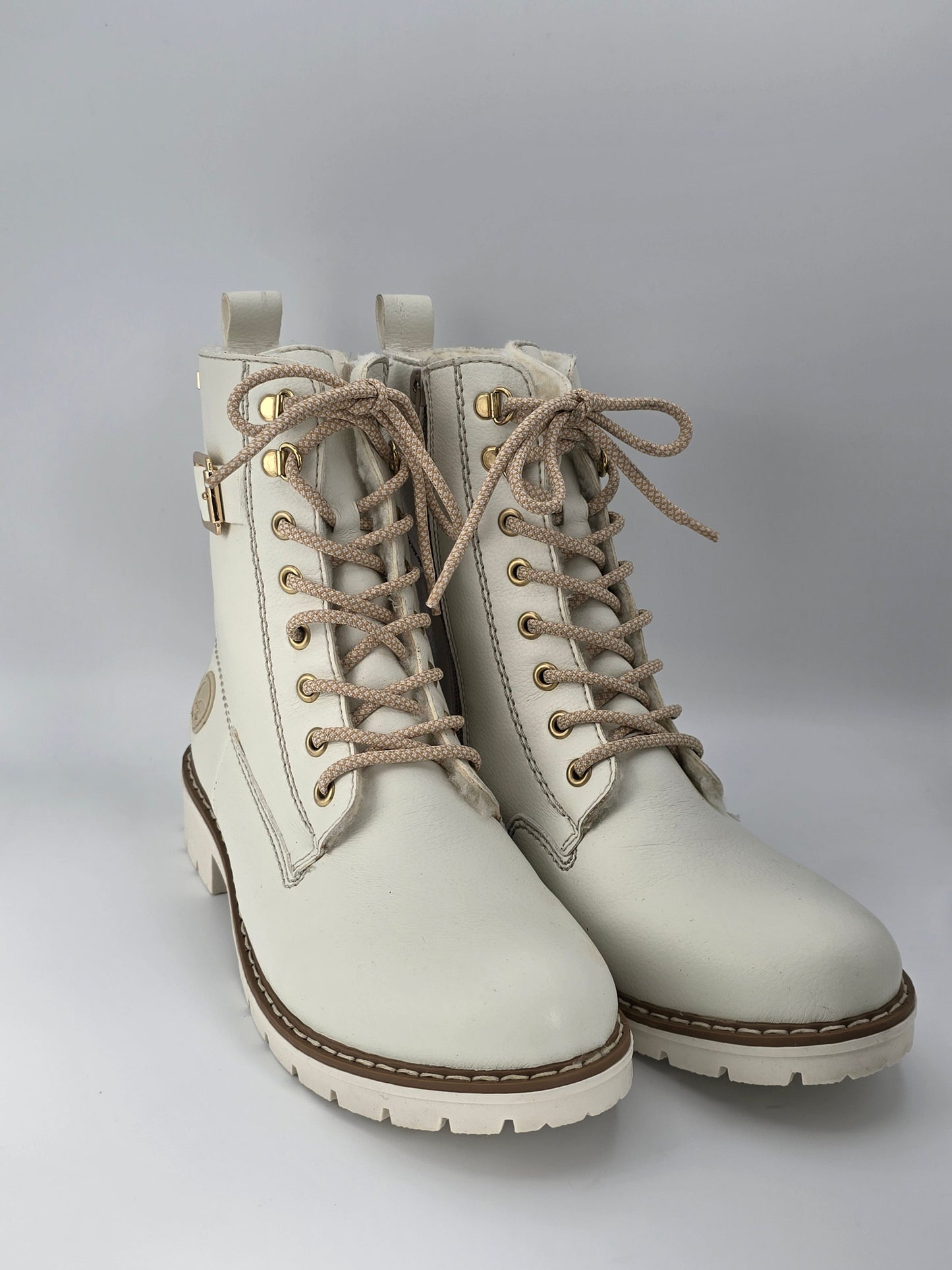 RIEKER Damen Schnürstiefeletten Offwhite – Boots mit Reißverschluss & Profilsohle (Gr.40)
